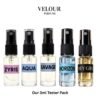 Velour Tester Pack – Five 3ml Fragrances Velour five-piece 3ml tester pack with Zyris, Aqua, Savage, Horizon and Hey Girl