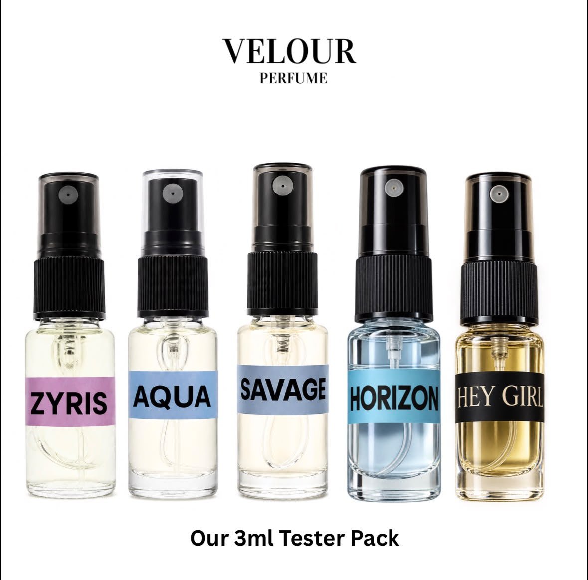 Velour Tester Pack – Five 3ml Fragrances Velour five-piece 3ml tester pack with Zyris, Aqua, Savage, Horizon and Hey Girl