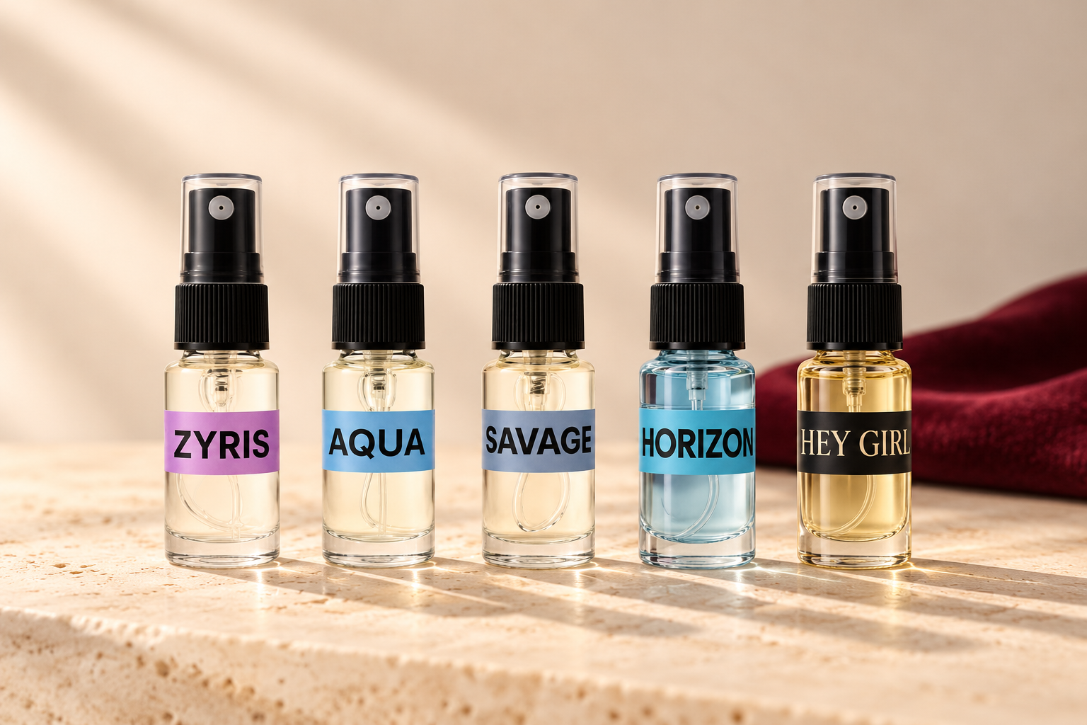 Home Five Velour 3ml testers: Zyris, Aqua, Savage, Horizon and Hey Girl on an ivory stone surface