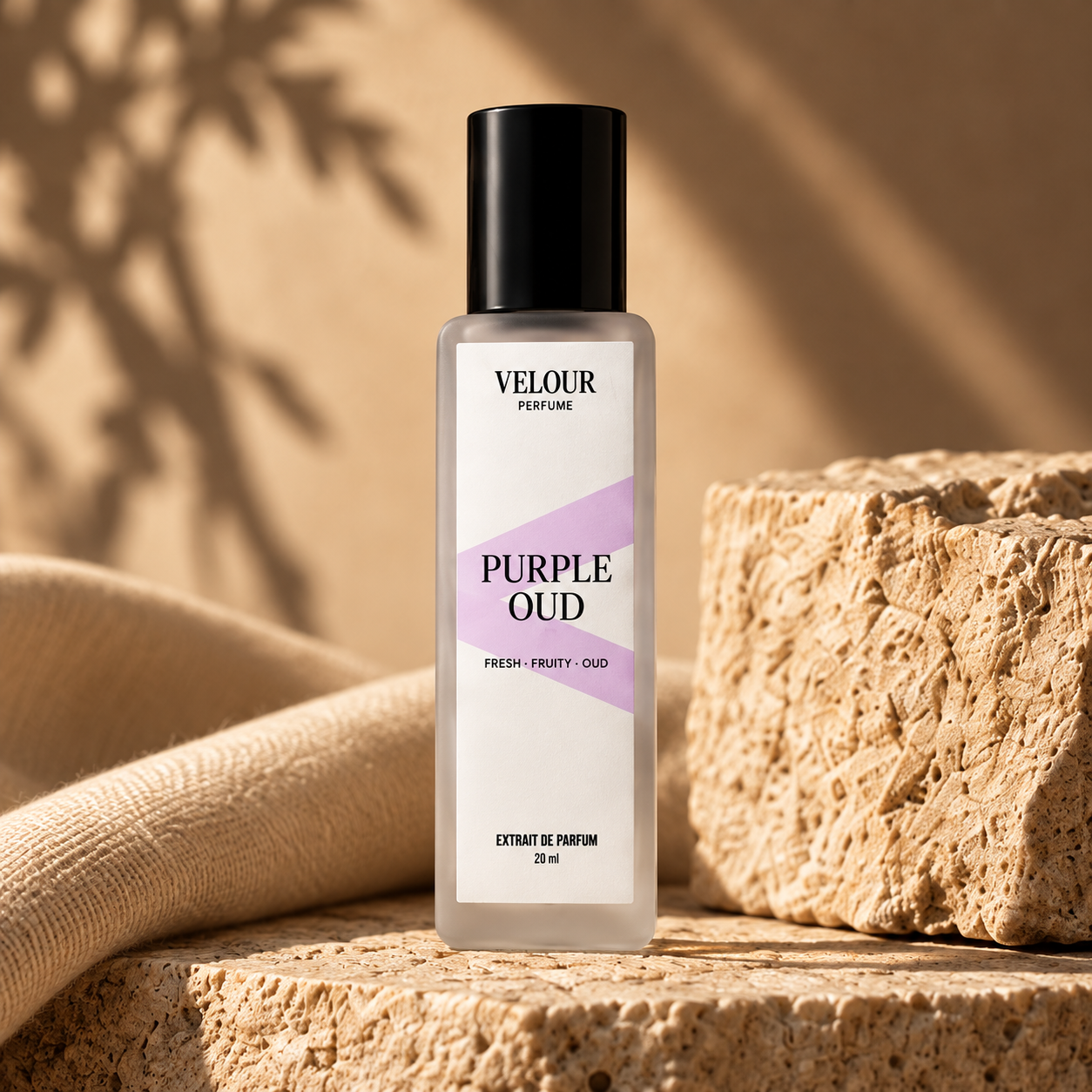 Purple Oud by Velour Perfume, 20ml Extrait de Parfum bottle on warm stone