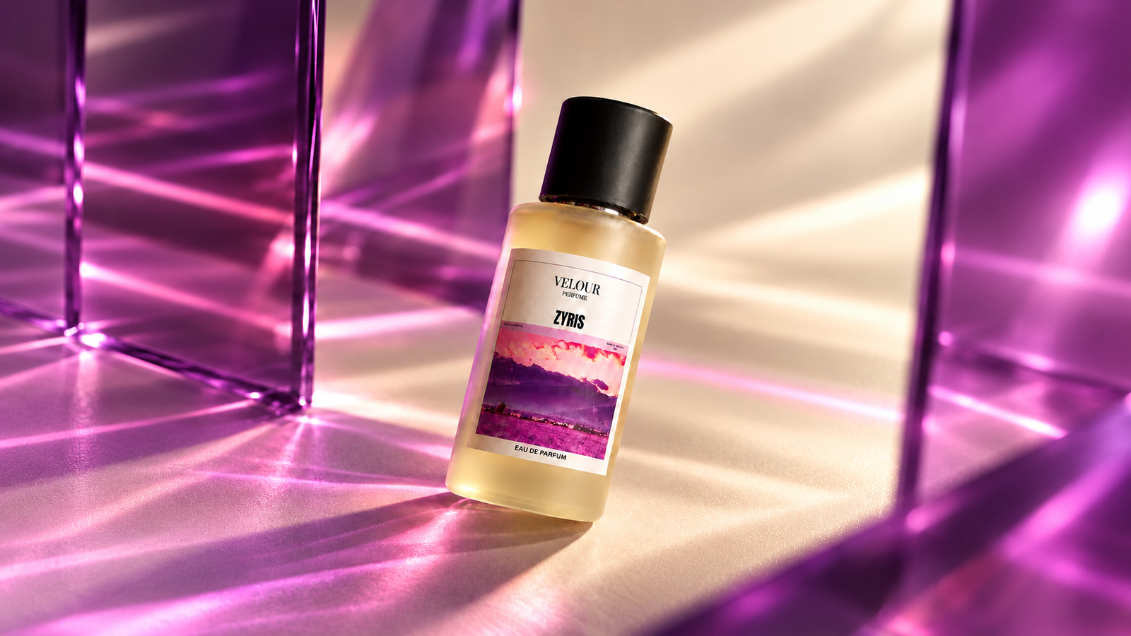 Home Zyris by Velour Perfume, framed by purple glass and pink light on a warm ivory surface