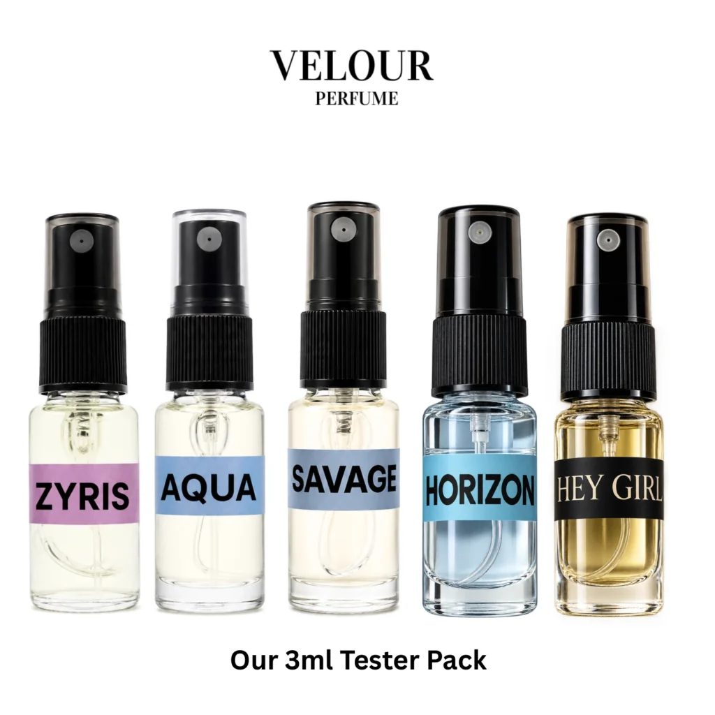 Velour five 3ml testers: Zyris, Aqua, Savage, Horizon and Hey Girl